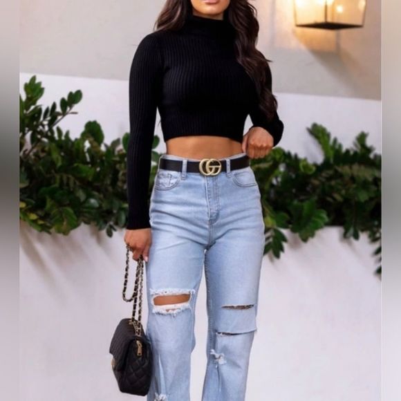 Ribbed Black Cropped Turtleneck - Picture 1 of 8